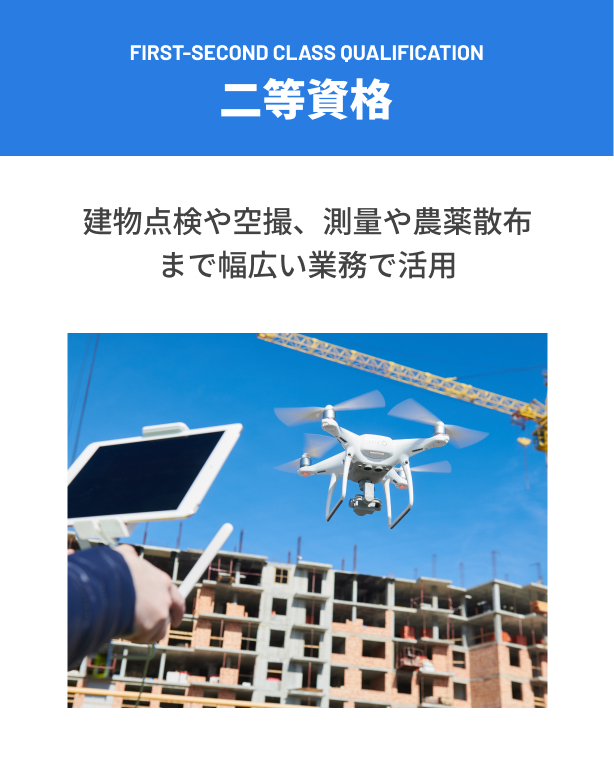 二等資格 建物点検や空撮、測量や農薬散布まで幅広い業務で活用
